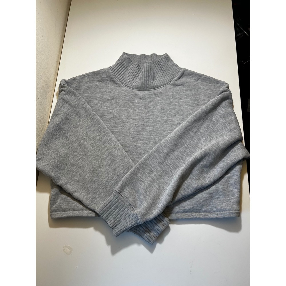 Alo Yoga Womens Cropped Serenity Coverup L Gray Ribbed Mock Neck High Pullover